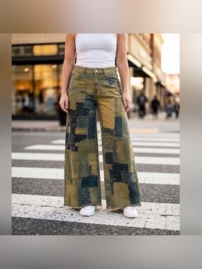 NWT Wide Leg Patchwork Print Denim Vintage Wash Olive Green Barrel Jeans
